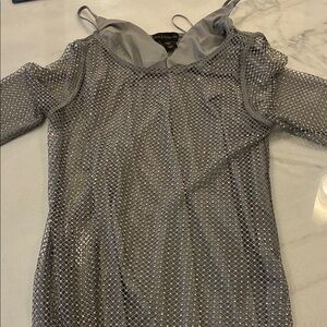 House of Harlow 1960 Gray Rhinestone Mesh Long Sleeve Sheath Dress.